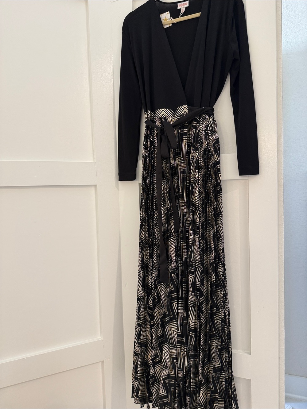 LuLaRoe Black Wrap Maxi Dress with Monochrome Geometric Skirt